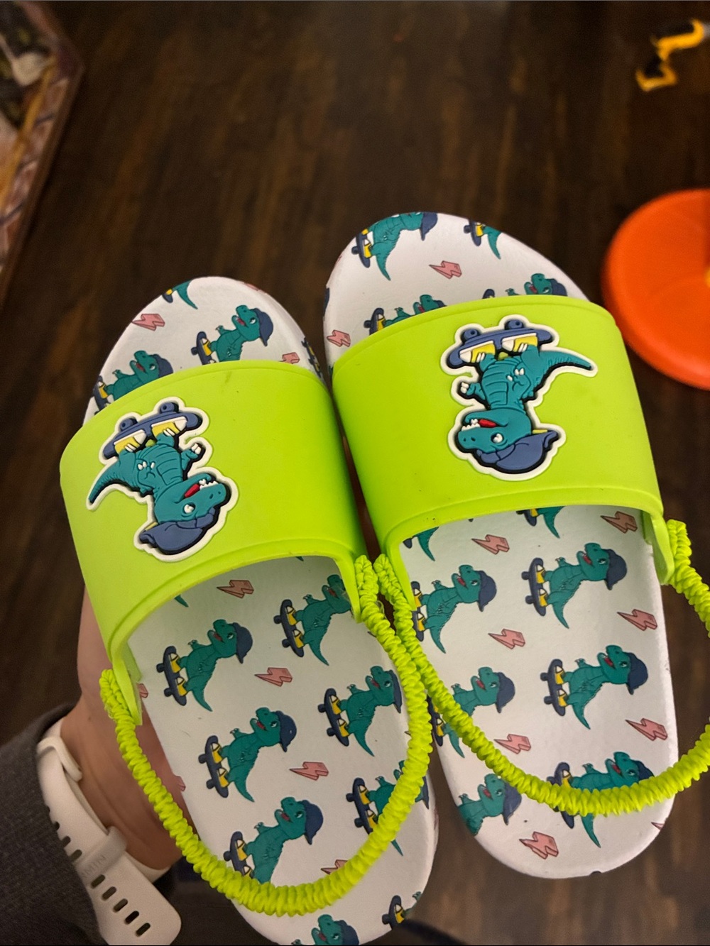 Kids Neon Green Dinosaur Slide Sandals with Back Strap
